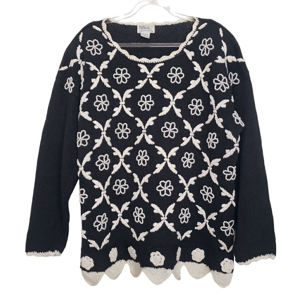 All Points Beaded Embroidered Sweater Vintage Floral Knit Womens Size Medium